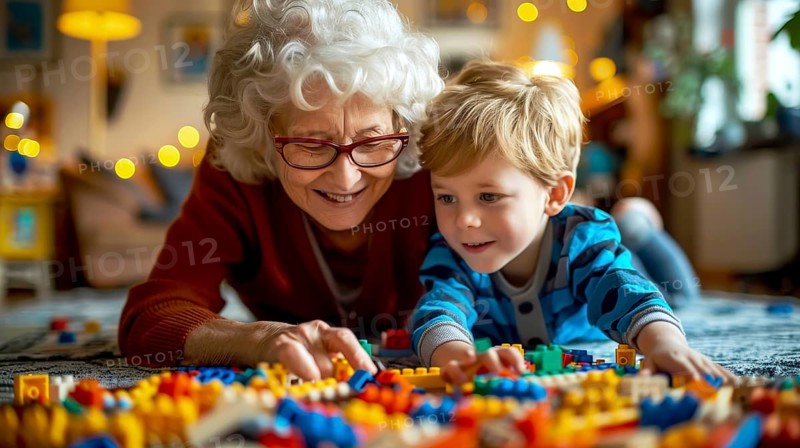A joyful elderly woman and her grandson playing with colorful building blocks in a warmly lit room, AI generated