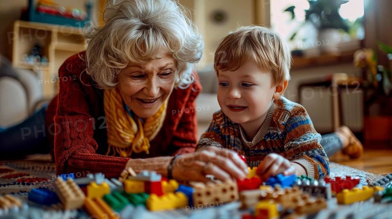 An elderly woman and her young grandson happily building structures with colorful blocks in a cozy room, AI generated