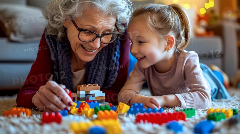 A smiling elderly woman and her young granddaughter playing with colorful blocks in a cozy living room setting, AI generated
