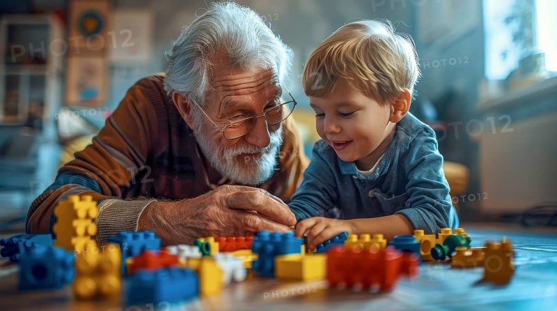 An elderly man with glasses and a young boy happily playing with building blocks indoors, AI generated