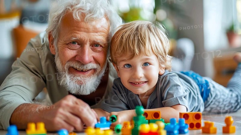 A grandfather and grandson joyfully playing with colorful building blocks indoors, AI generated