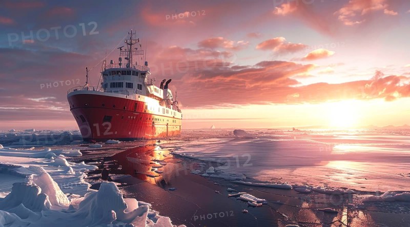 Icebreaker ship is sailing through the ocean, AI generated