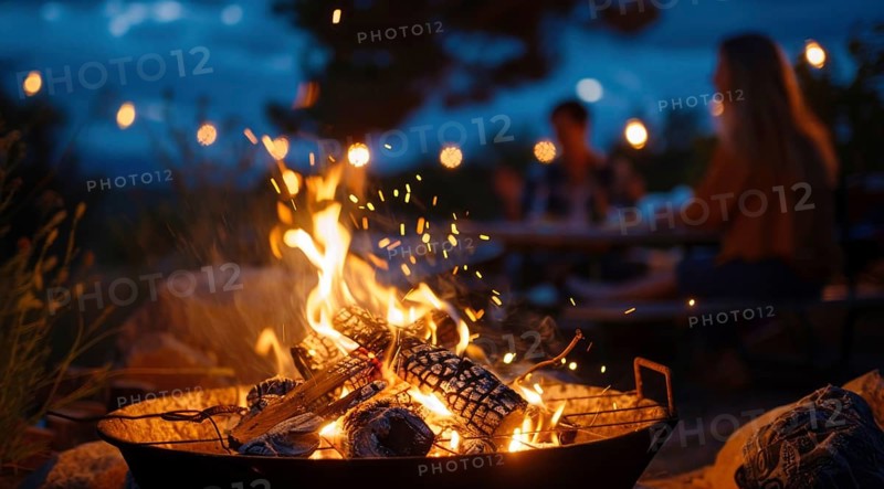 A man, a woman and a child are sitting around a fire. Campfire outdoor fun. Nature enjoyment, AI generated