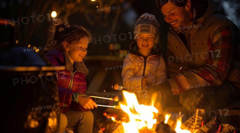 A man, a woman and a child are sitting around a fire. Campfire outdoor fun. Nature enjoyment, AI generated