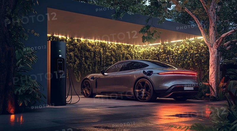Modern electric car charging the battery from the electric charger. Ecology and sustainable energy, AI generated