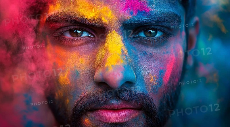Indian man colored face portrait during Holi Hindu festival, AI generated
