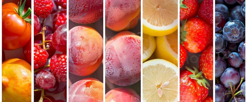 Colorful rows of fruits. Apples, oranges, and grapes. Organic healthy mediterranean diet, AI generated