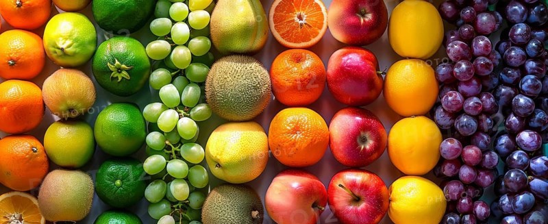 Colorful rows of fruits. Apples, oranges, and grapes. Organic healthy mediterranean diet, AI generated