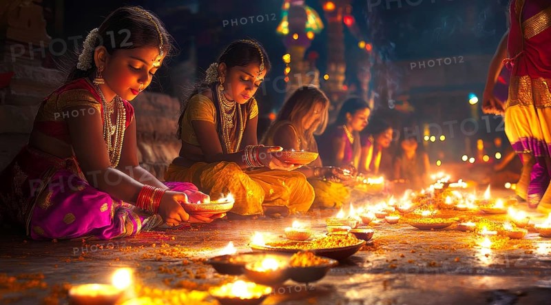 Indian women sits in front of a lit candles during Diwali Hindu festival of lights, AI generated