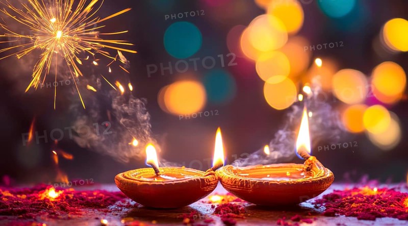 Indian woman sits in front of a lit candles during Diwali Hindu festival of lights, AI generated