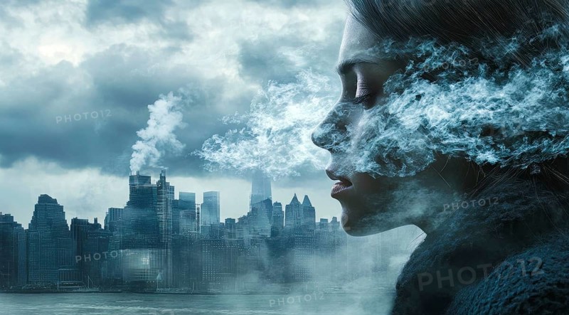 Concept of living in a smog in polluted city with poor air quality and air contamination, AI generated