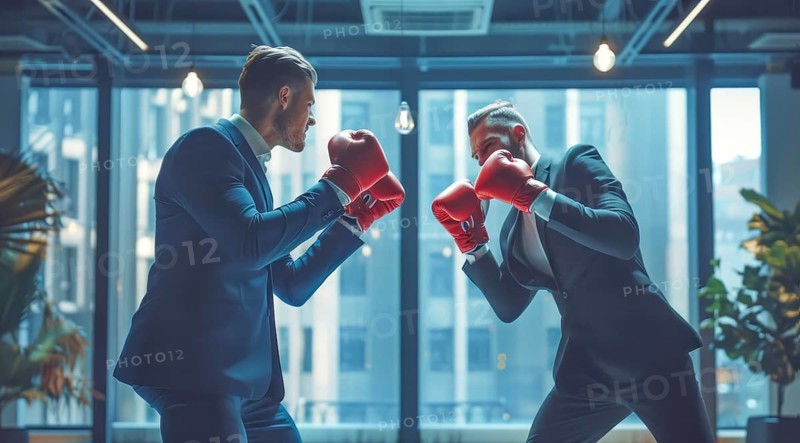 Two men in suits boxing in an office. A concept of corporate toxic environment and corporate greed, AI generated