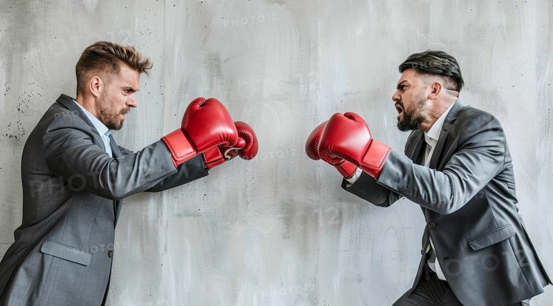 Two men in suits boxing in an office. A concept of corporate toxic environment and corporate greed, AI generated