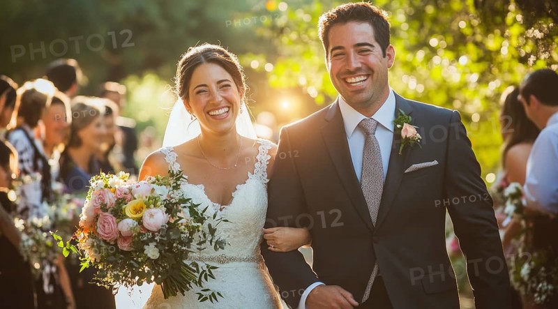 Outdoors luxury wedding and honeymoon time with bride and groom at the wedding ceremony, AI generated