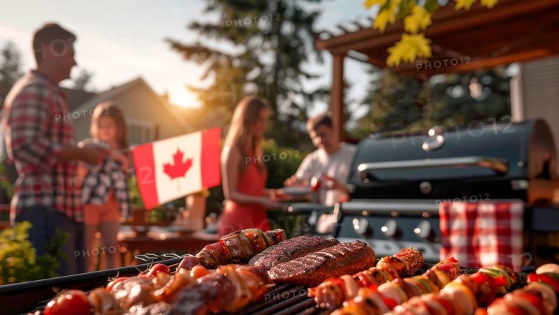 Canadian Barbecue BBQ family picnic on the beach with skewers of meat and meat steaks over charcoal, AI generated