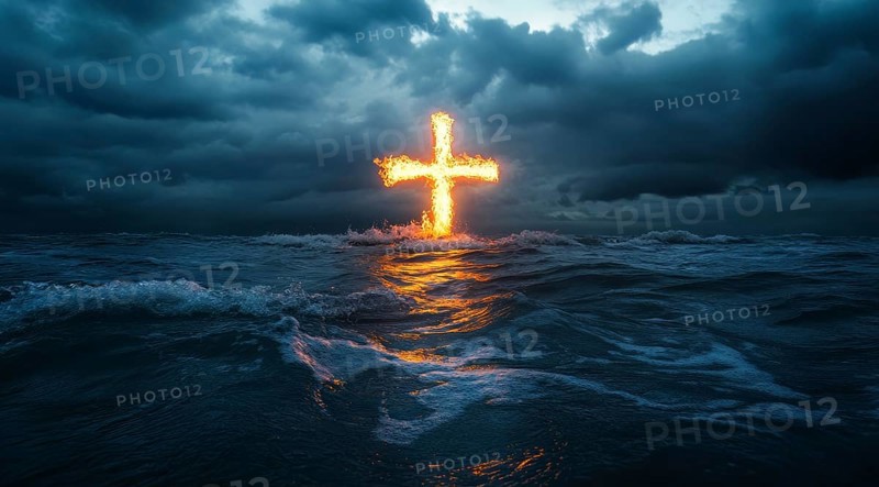 Christian cross is burning in the ocean, a symbol of strong enduring religion, faith and miracles, AI generated