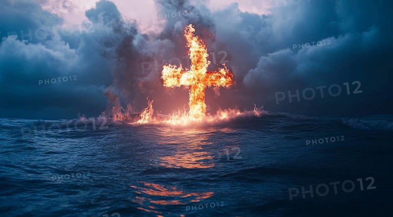 Christian cross is burning in the ocean, a symbol of strong enduring religion, faith and miracles, AI generated