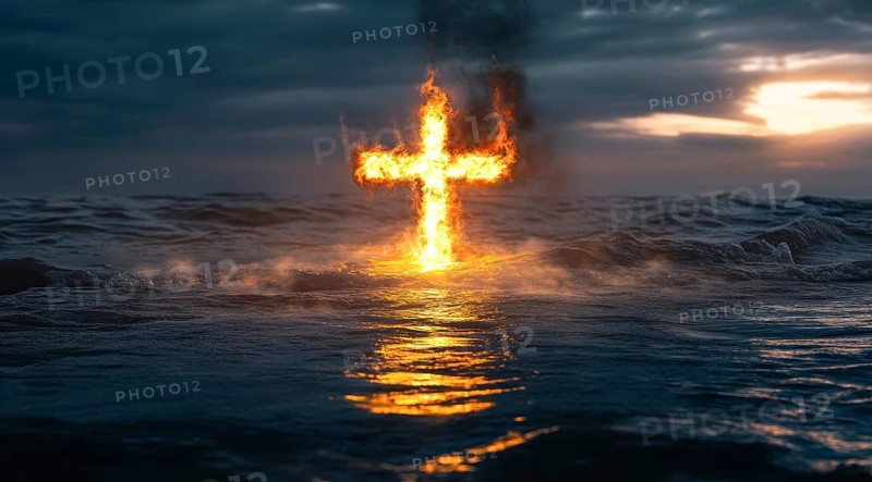 Christian cross is burning in the ocean, a symbol of strong enduring religion, faith and miracles, AI generated