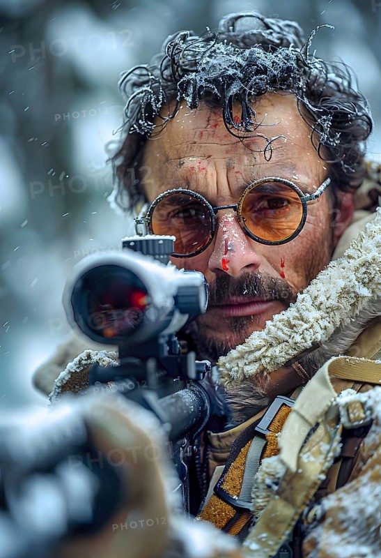 A hunter or sniper in a wintry snowstorm, dressed in a fur jacket, holding his rifle with binoculars at the ready, AI generated, AI generadet, AI generated
