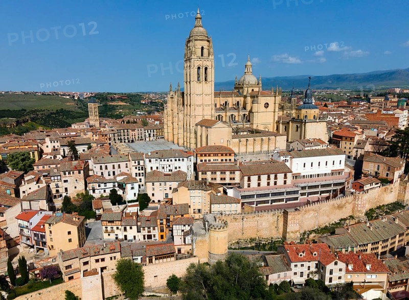 A city view with an imposing cathedral in the centre, surrounded by historic buildings on a hill, aerial view, Cathedral, Segovia, Castilla y Leon, Leon, Spain, Europe