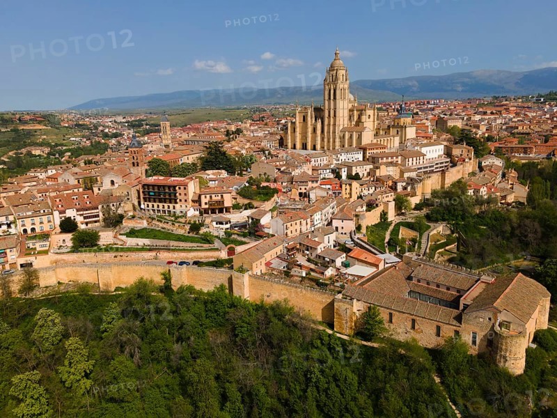 View of a historic city with an imposing church in the centre and many buildings on a hill, aerial view, Cathedral, Segovia, Castilla y Leon, Leon, Spain, Europe