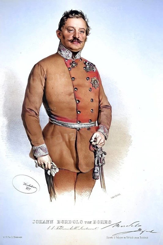 Johann Baptist Bordolo Ritter von Boreo, also Bordolo-Abondi, (1) (born 29 September 1792 in Wieliczka, Galicia, died 1 October 1857 in Sibiu, Transylvania) was an Imperial-Royal Field Marshal Lieutenant and second holder of the Infantry Regiment Prince Friedrich Wilhelm of Prussia No. 20 of Italian descent, Historical, digitally restored reproduction from a 19th century original, Record date not stated