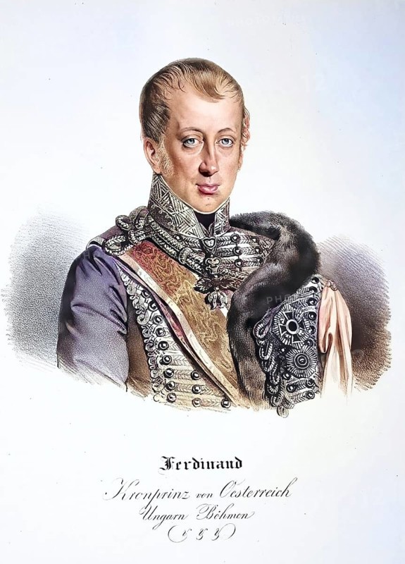 Ferdinand I Karl Leopold Joseph Franz Marcellin, called the Kind (born 19 April 1793 in Vienna, died 29 June 1875 in Prague) was Emperor of Austria and King of Bohemia from 1835 to 1848 and as Ferdinand V also King of Hungary and Croatia from 1830, Historical, digitally restored reproduction from a 19th century original, Record date not stated