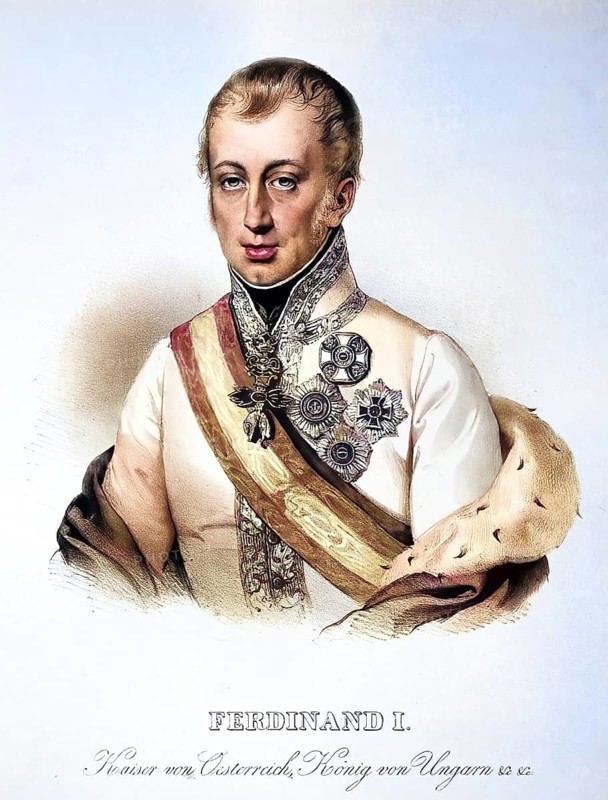 Ferdinand I Karl Leopold Joseph Franz Marcellin, called the Kind (born 19 April 1793 in Vienna, died 29 June 1875 in Prague) was Emperor of Austria and King of Bohemia from 1835 to 1848 and as Ferdinand V also King of Hungary and Croatia from 1830, Historical, digitally restored reproduction from a 19th century original, Record date not stated