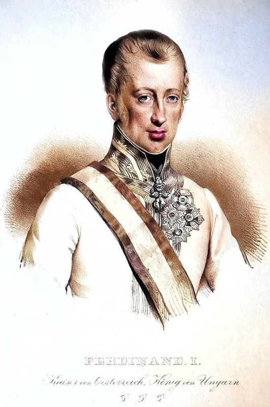 Ferdinand I Karl Leopold Joseph Franz Marcellin, called the Kind (born 19 April 1793 in Vienna, died 29 June 1875 in Prague) was Emperor of Austria and King of Bohemia from 1835 to 1848 and as Ferdinand V also King of Hungary and Croatia from 1830, Historical, digitally restored reproduction from a 19th century original, Record date not stated