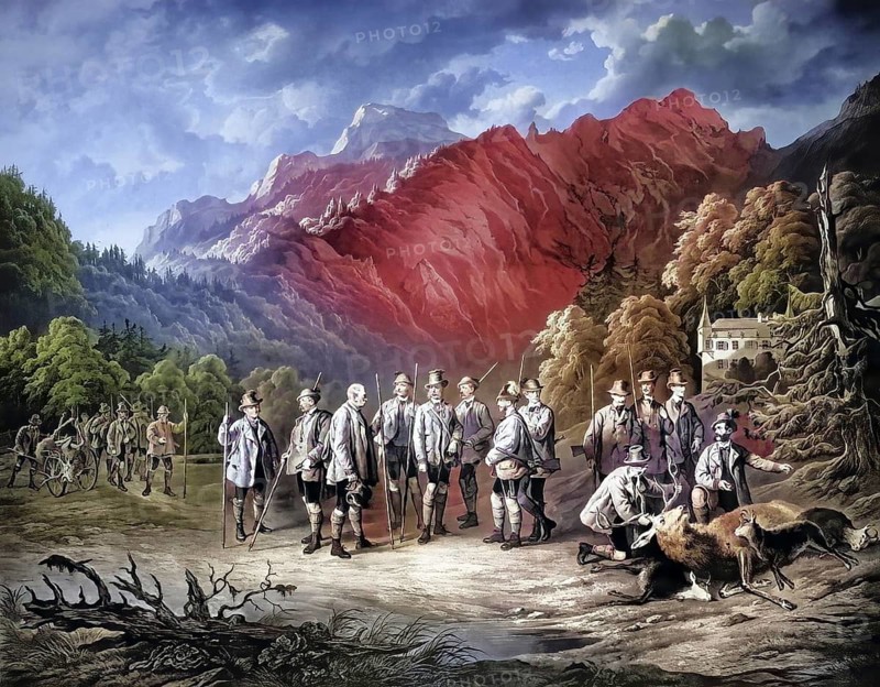 Franz Josef I (1830-1916), Emperor of Austria, King of Hungary. In a hunting party at Lake Ofen, Historical, digitally restored reproduction from a 19th century original, Record date not stated