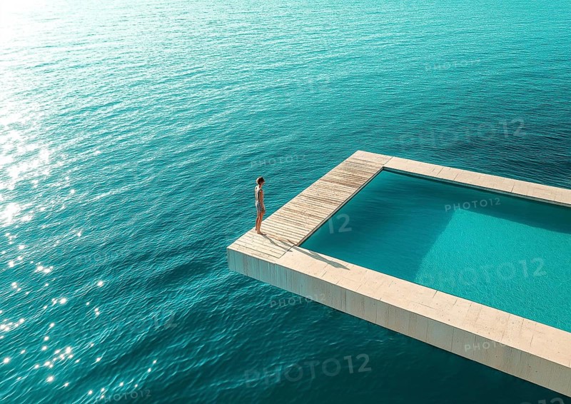 A lone woman stands at the edge of an infinity pool overlooking a calm ocean, creating a serene and luxurious scene, AI generated