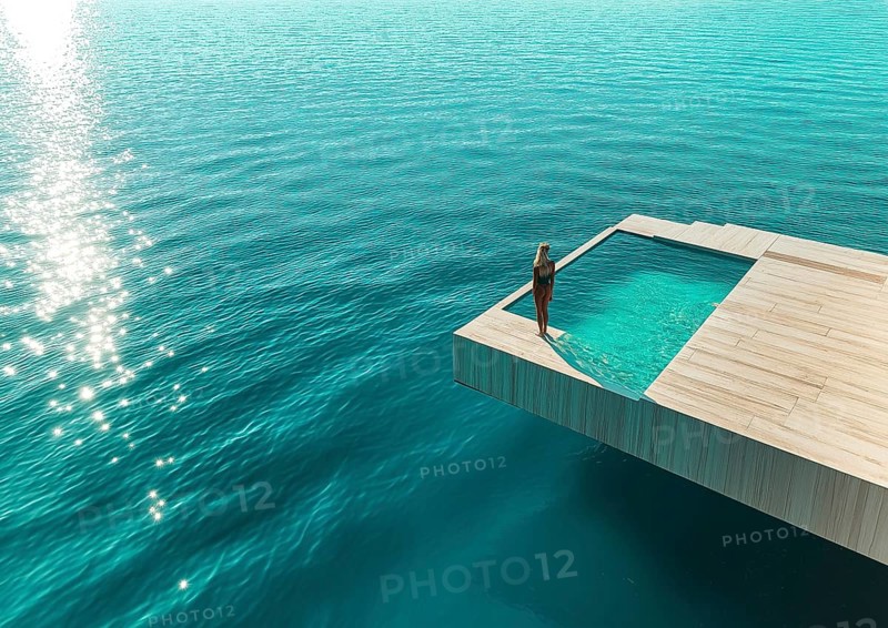 A woman stands by an infinity pool extended over the clear ocean, radiating tranquility and luxury, AI generated