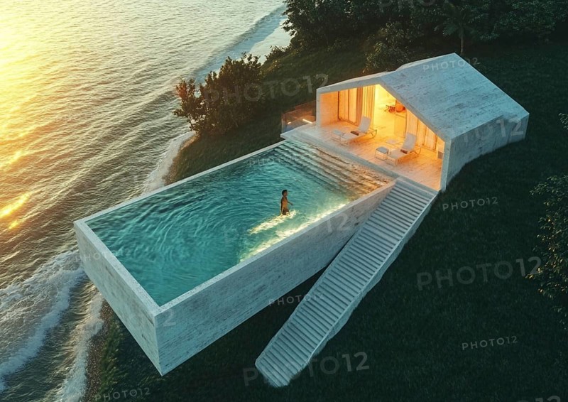 A modern house with a pool and a woman swimming, steps leading down to an ocean view at sunset, AI generated
