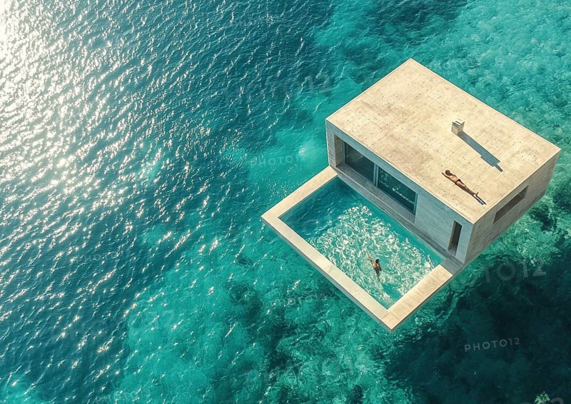 Luxurious modern villa with a floating pool, surrounded by crystal clear turquoise waters and a person swimming, AI generated