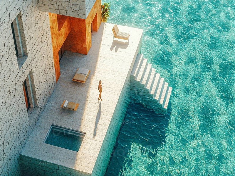 Modern seaside retreat with a pool, featuring a sunlit terrace overlooking clear waters, AI generated