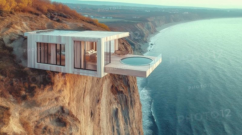 Modern minimalistic cliff house with pool, offering panoramic ocean views, AI generated