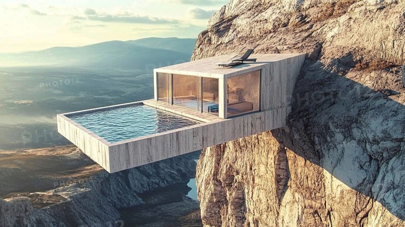 Modern glass-walled cliff house with a pool, offering panoramic views of mountains, AI generated