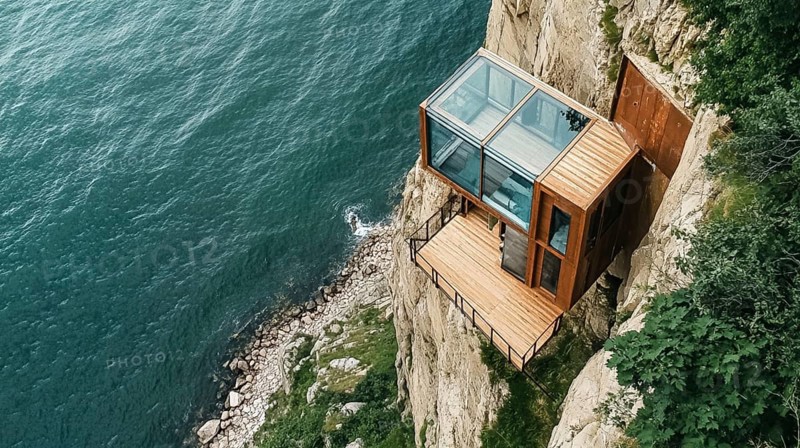 A glass cabin with wooden elements, perched on a cliffside with a sea view, blending modern architecture with nature, AI generated