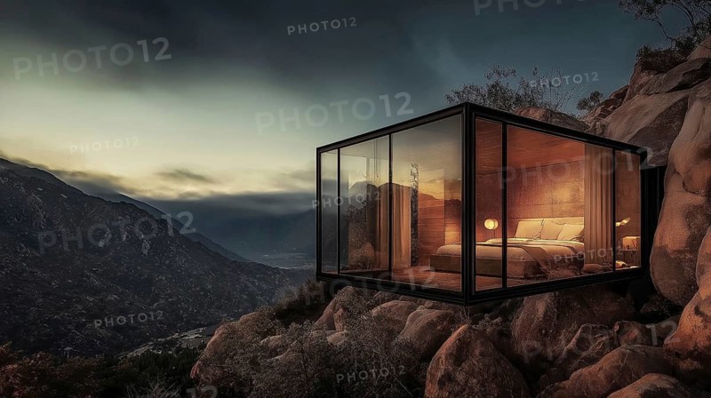 A cozy glass cabin at night, nestled among rocky mountains with warm interior lighting, AI generated