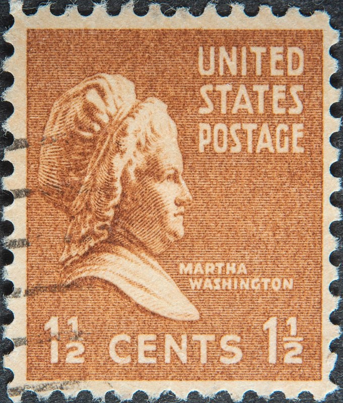 Martha Dandridge Custis Washington (1731, 1802) was an American First Lady, married to George Washington. Portrait on a US postage stamp