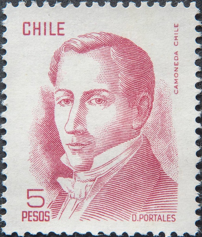Diego Portales (1793, 1837), was a Chilean politician and for seven years virtual dictator who was instrumental in establishing political order and establishing economic progress in Chile. Portrait on a Chilean postage stamp