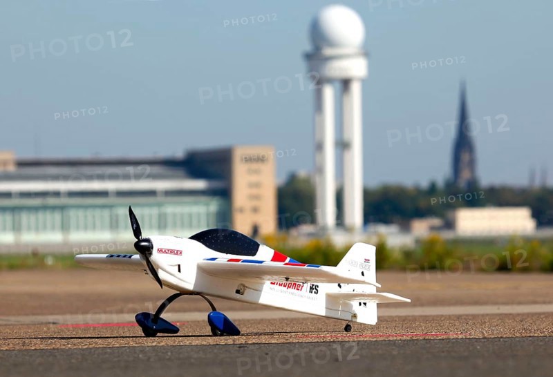 Berlin, 12.10.09 2010, A model aeroplane stands on the runway of the former Tempelhof Airport, now Tempelhof Park, Berlin, Germany, Europe
