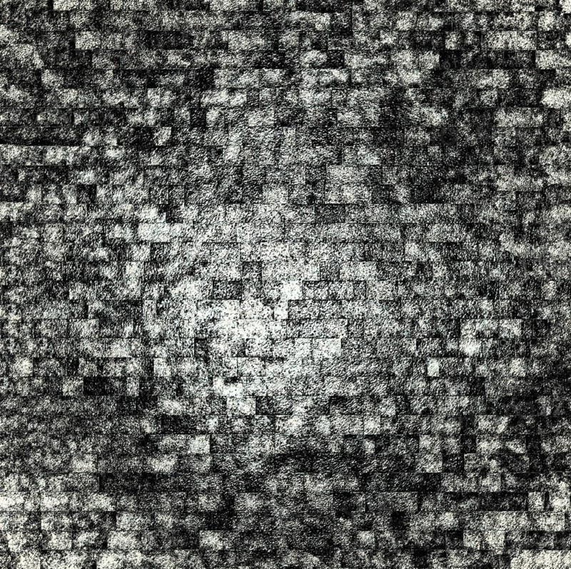 Monochrome abstract image with a complex, pixelated mosaic pattern creating a textured and intricate visual effect