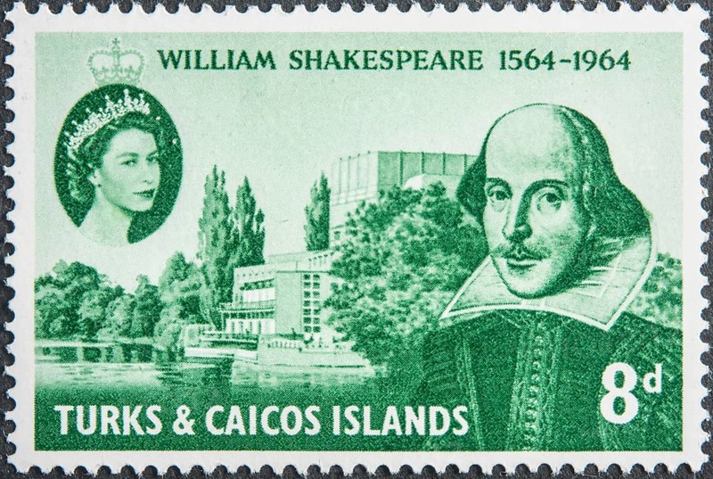 William Shakespeare (1564 1616), English playwright, poet and actor. Portrait on postage stamp from Turks & Caicos Islands together with Queen Elizabeth II