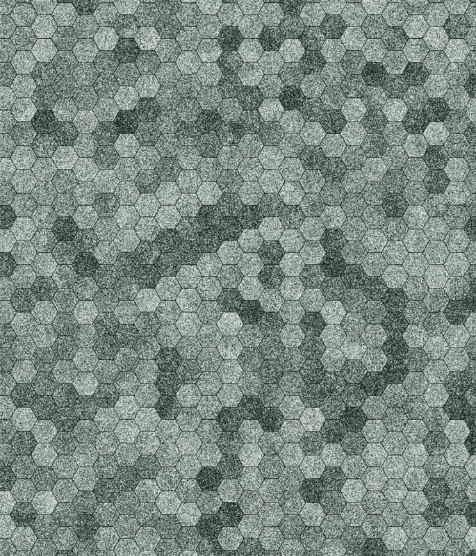 Hexagonal tiles in shades of gray and green forming a seamless geometric camouflage pattern