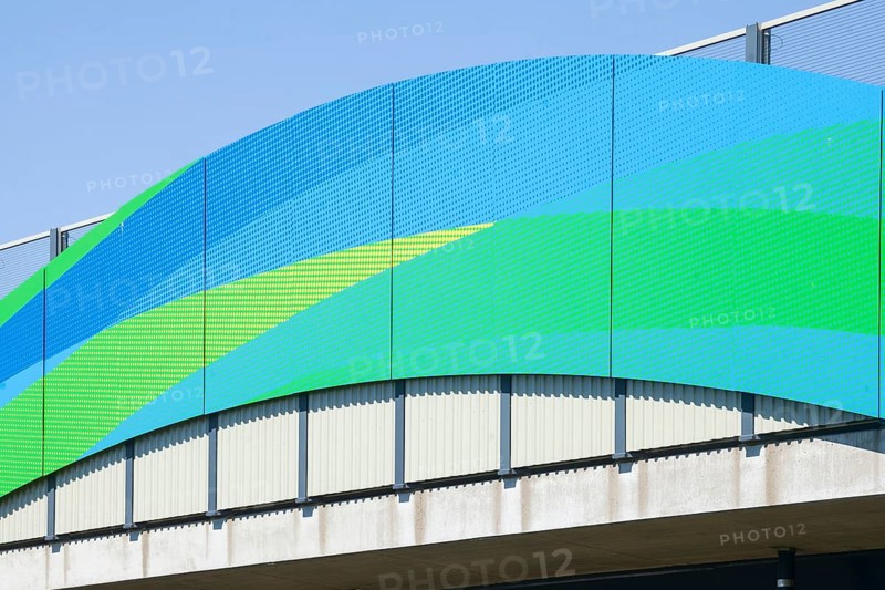Colourfully painted motorway bridge with noise barrier over the river Este, Buxtehude, Altes Land, Lower Saxony, Germany, Europe