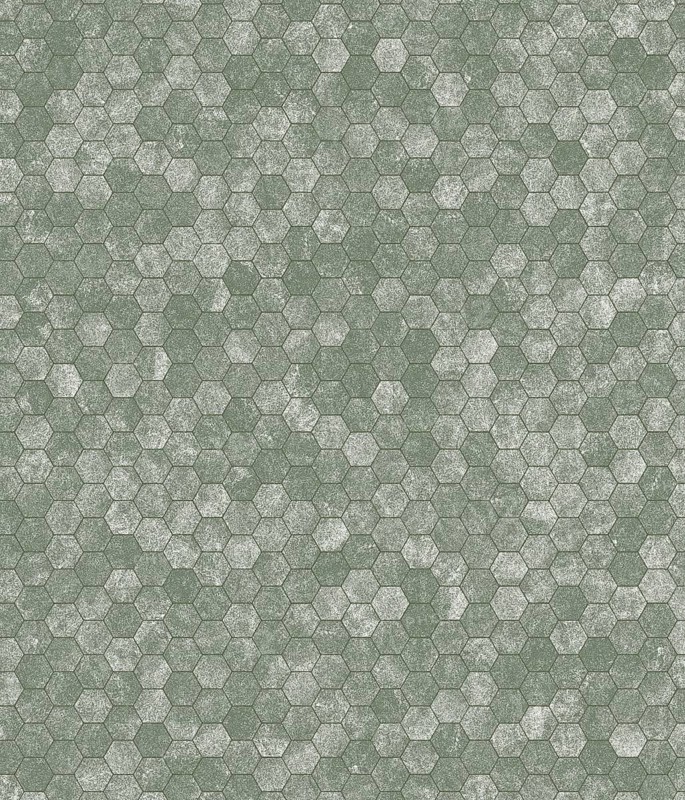 Intricate geometric pattern consisting of hexagons with a green and grey textured tiling effect