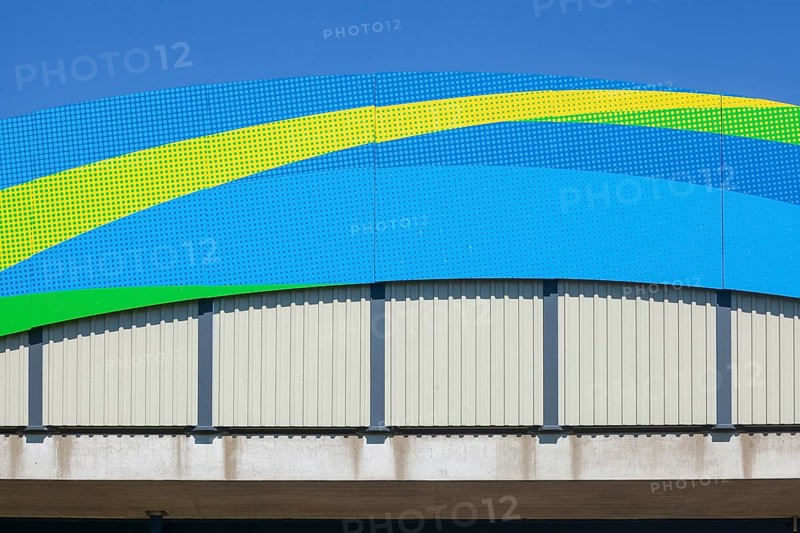 Colourfully painted motorway bridge with noise barrier over the river Este, Buxtehude, Altes Land, Lower Saxony, Germany, Europe