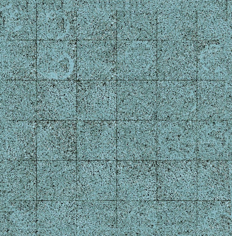 Worn blue speckled tiles with a visible grid pattern, creating a rough, textured surface