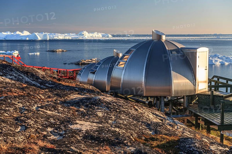 Igloos, Igloo Hotel, Hotel Arctic in Midnight Sun, Ilulissat, Disko Bay, West Greenland, Greenland, North America